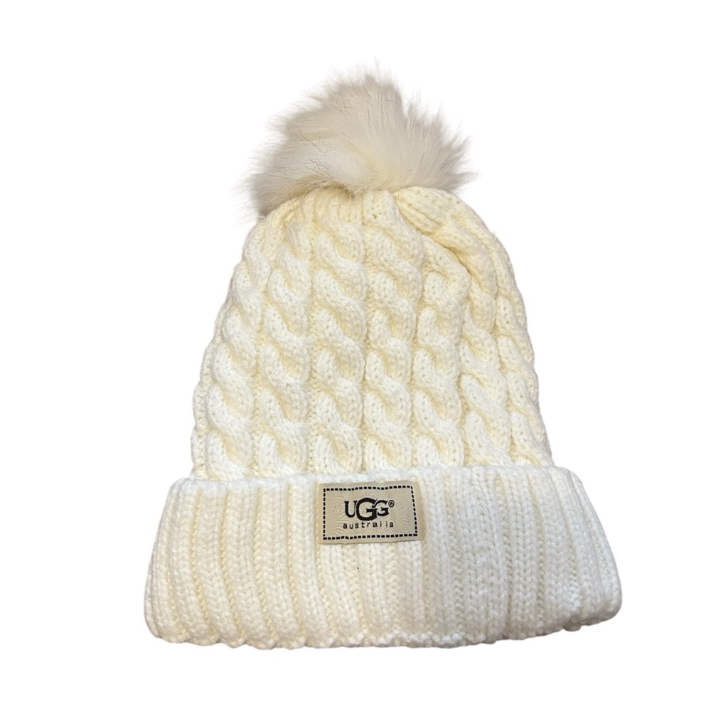 UGG Australia Ivory Cable-Knit Pom Pom Beanie